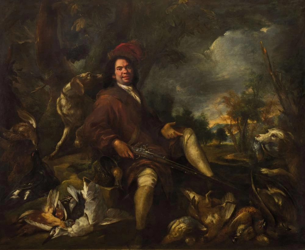 Fra Galgario - Ritratto di cacciatore con selvaggina e cani in un paesaggio
